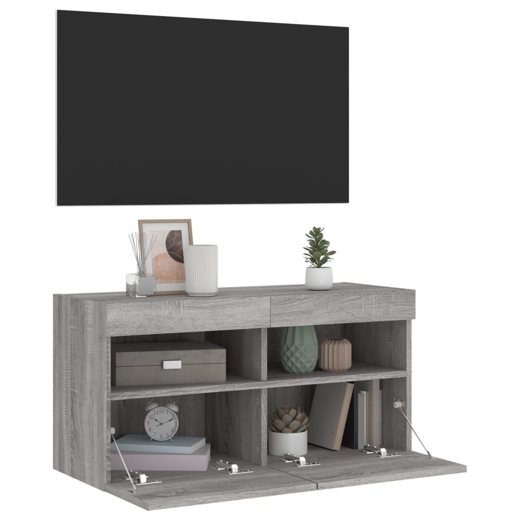 væghængt tv-bord m. LED-lys 80x30x40 cm grå sonoma-eg