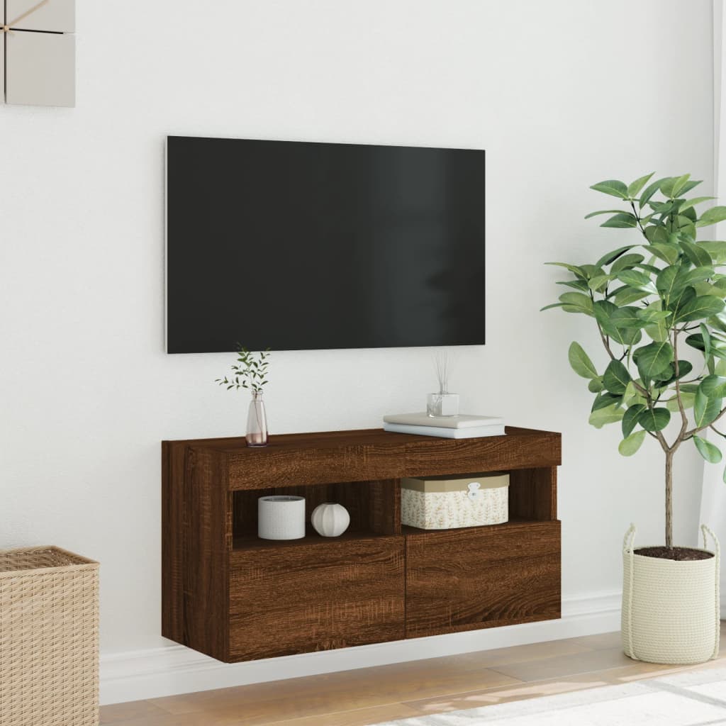 væghængt tv-bord med LED-lys 80x30x40 cm brun egetræsfarve