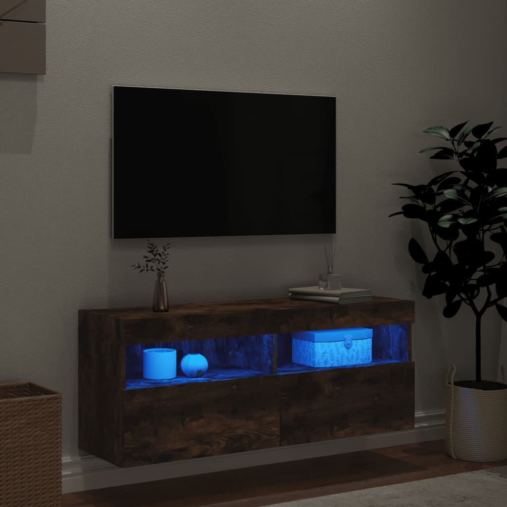 væghængt tv-bord med LED-lys 100x30x40 cm røget egetræsfarve