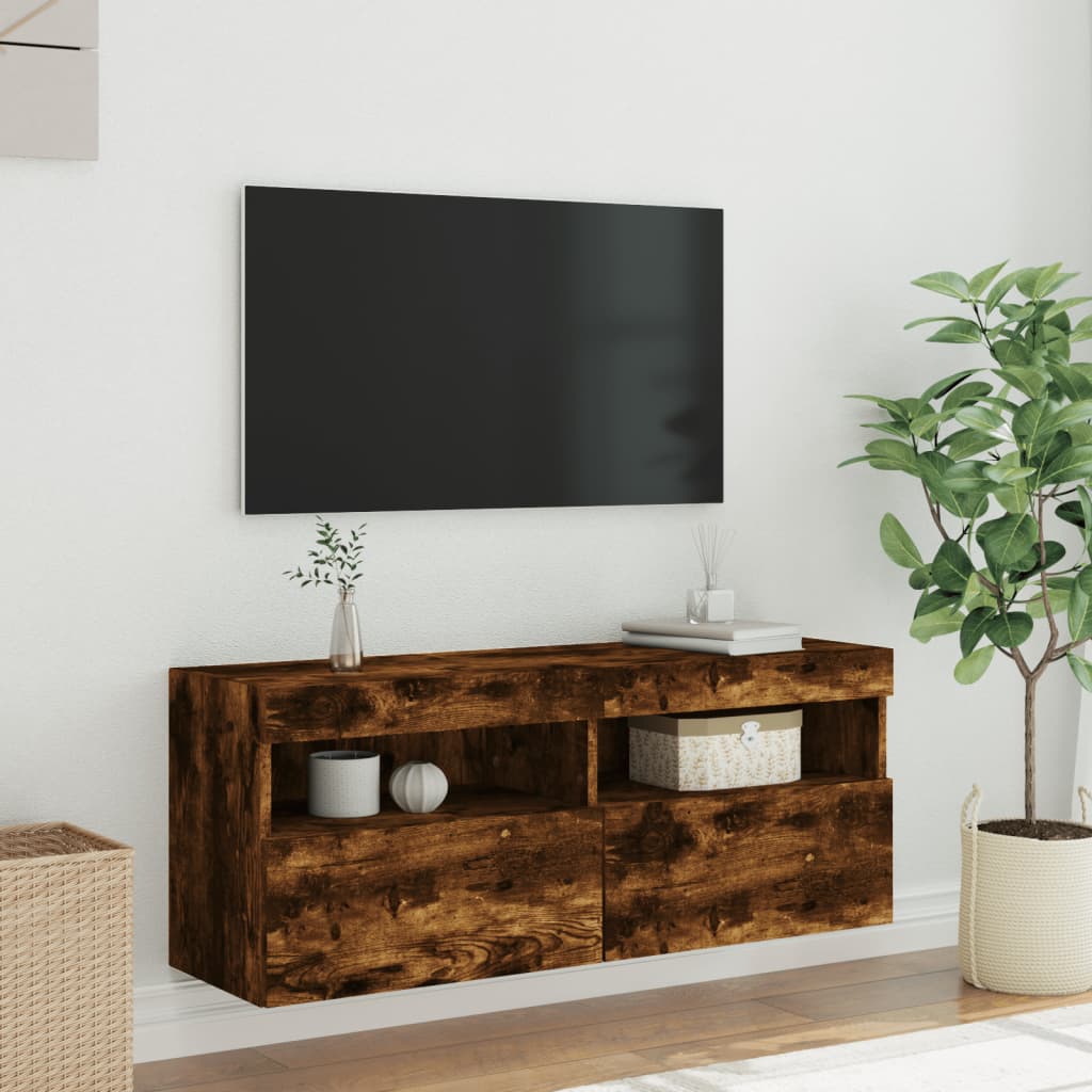 væghængt tv-bord med LED-lys 100x30x40 cm røget egetræsfarve