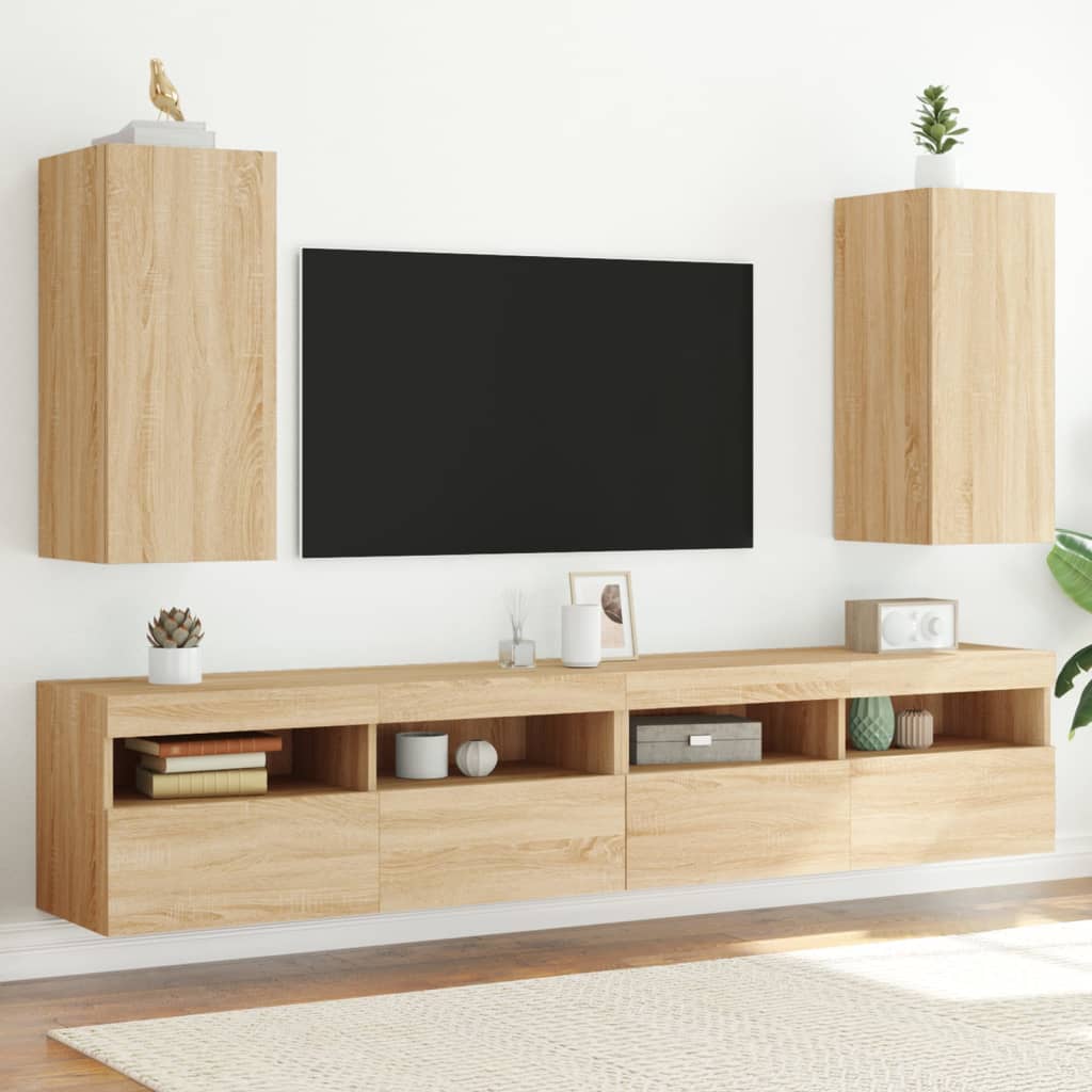 væghængte tv-borde 2 stk. med LED-lys 30,5x35x70 cm sonoma-eg