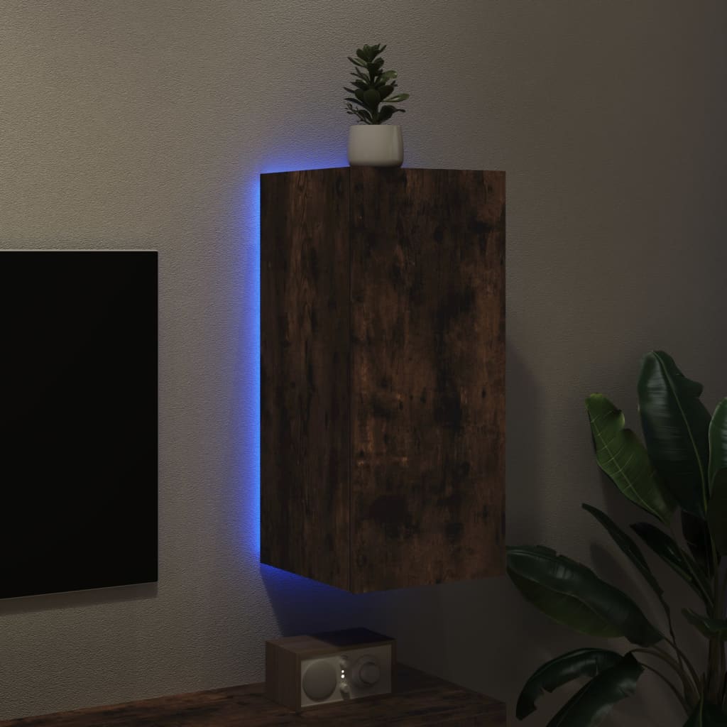 væghængt tv-bord med LED-lys 30,5x35x70 cm røget egetræsfarve