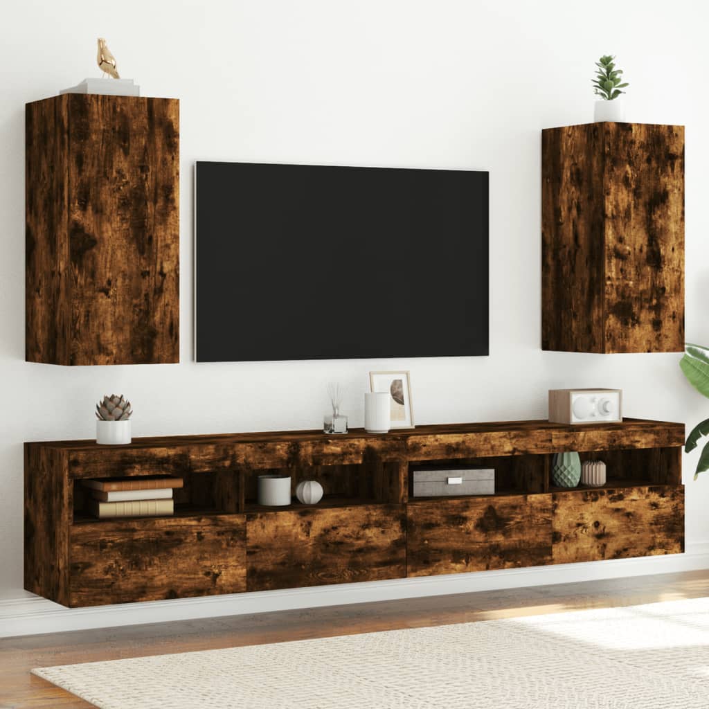 væghængte tv-borde 2 stk. med LED-lys 30,5x35x70 cm røget eg