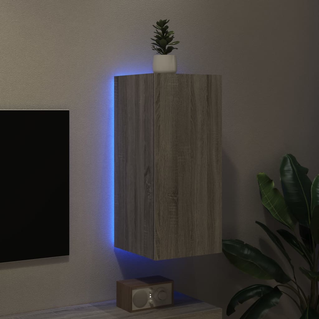 væghængt tv-bord med LED-lys 30,5x35x70 cm grå sonoma-eg