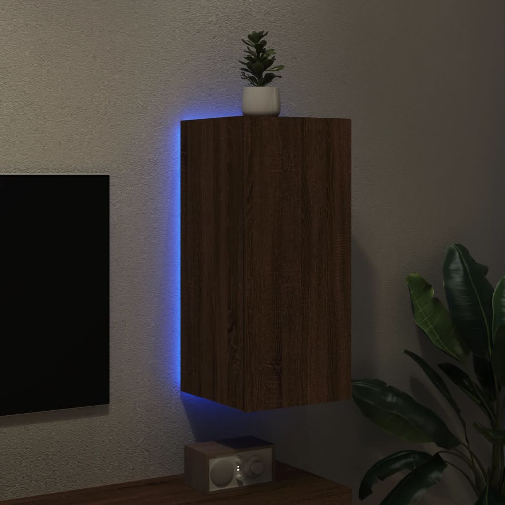 væghængt tv-bord med LED-lys 30,5x35x70 cm brun egetræsfarve