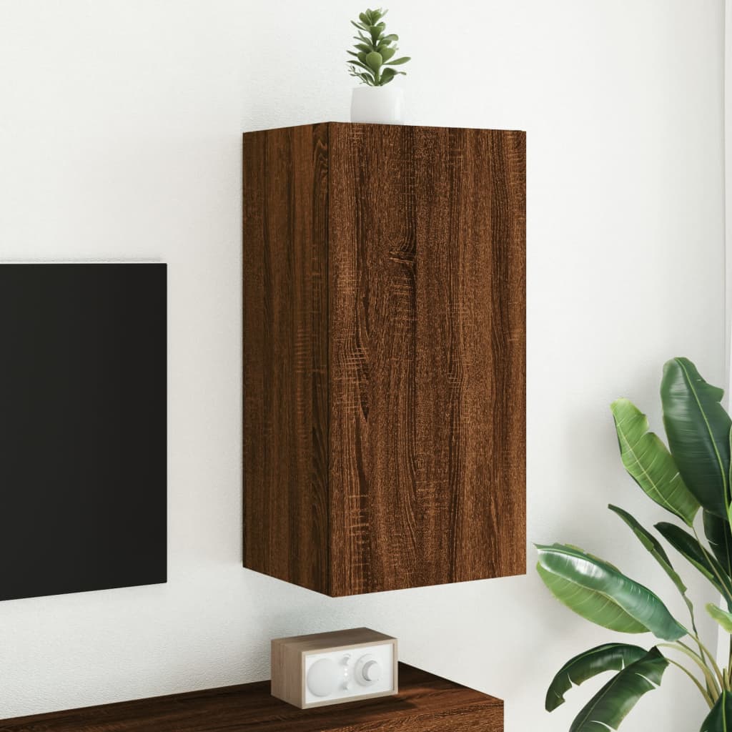 væghængt tv-bord med LED-lys 40,5x35x80 cm brun egetræsfarve