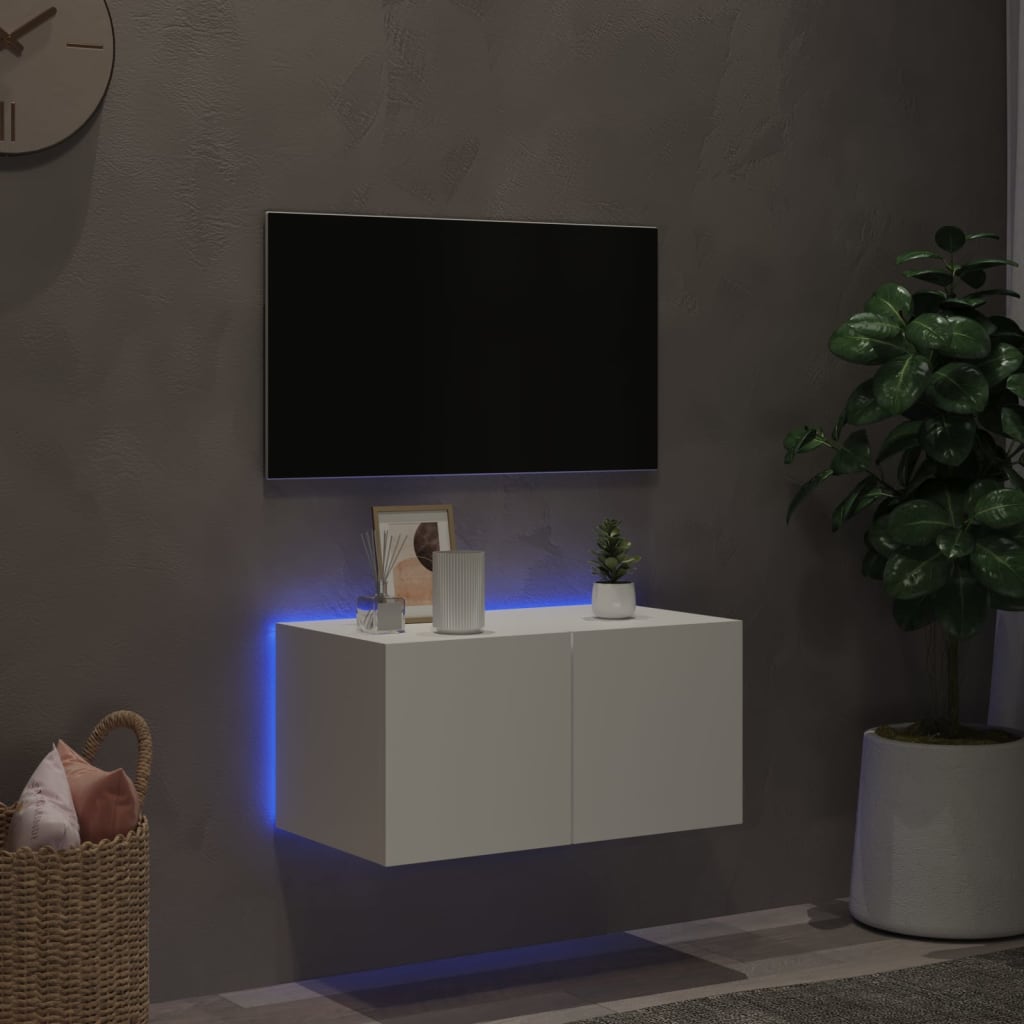 væghængt tv-bord med LED-lys 60x35x31 cm hvid