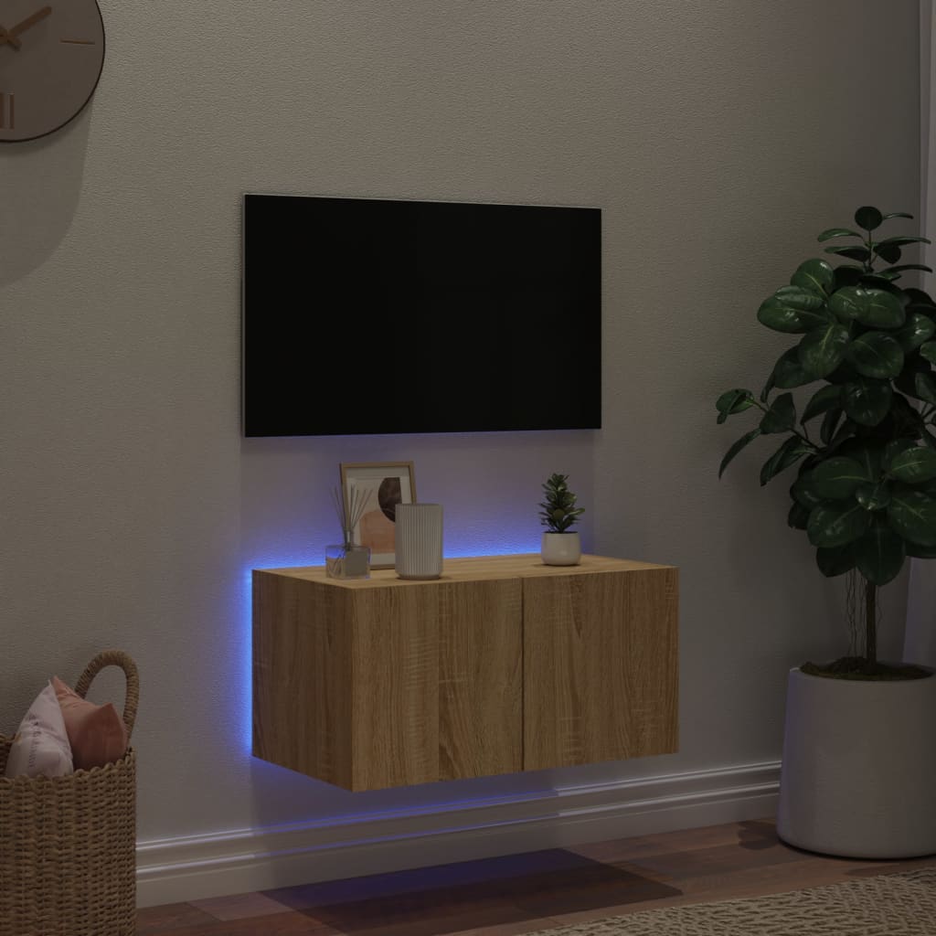 væghængt tv-bord med LED-lys 60x35x31 cm sonoma-eg