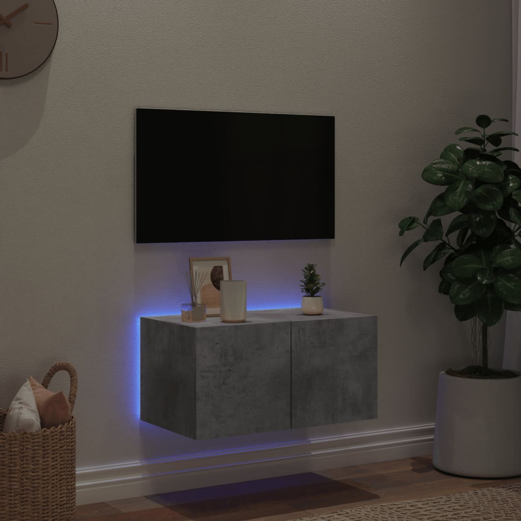 væghængt tv-bord med LED-lys 60x35x31 cm betongrå