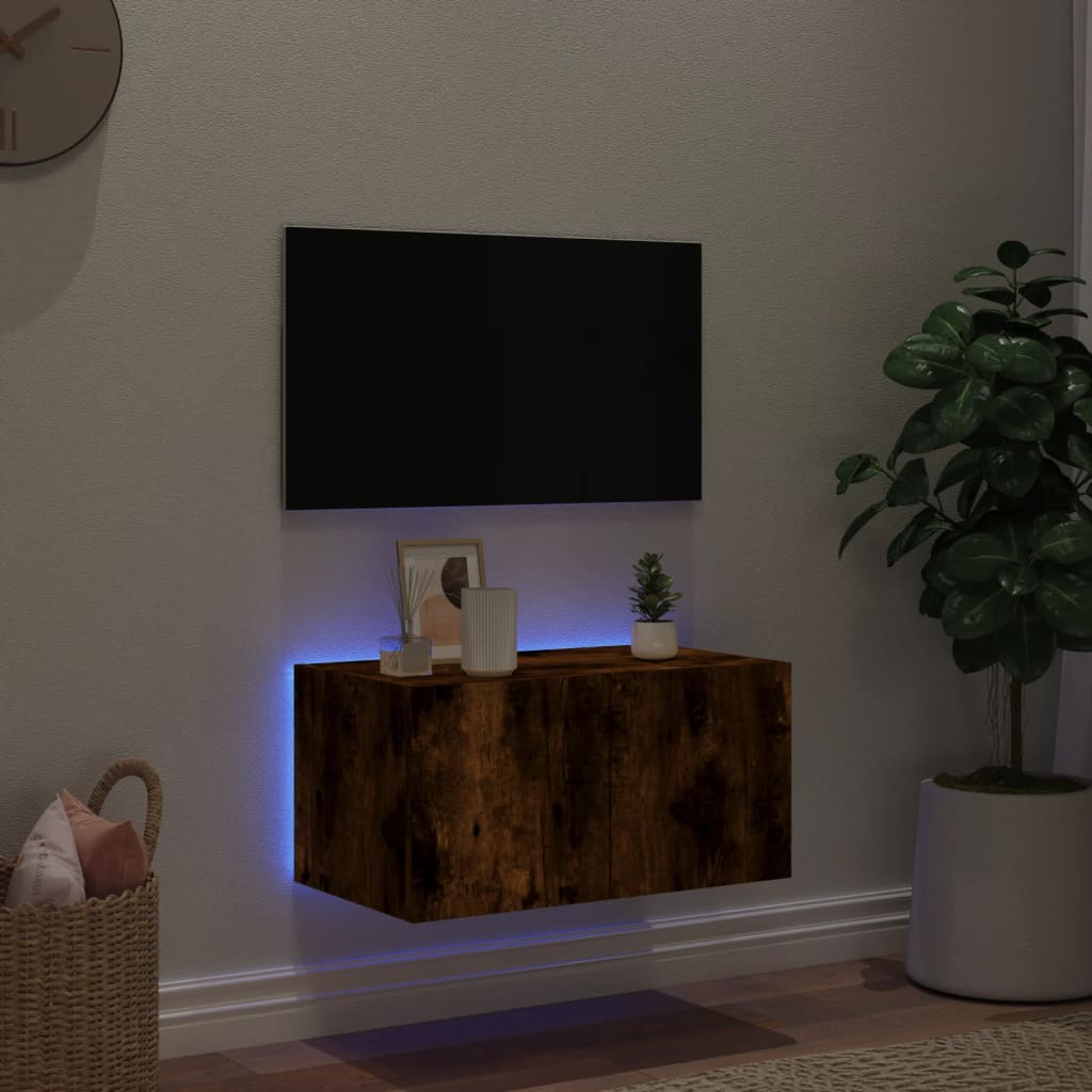 væghængt tv-bord med LED-lys 60x35x31 cm røget egetræsfarve