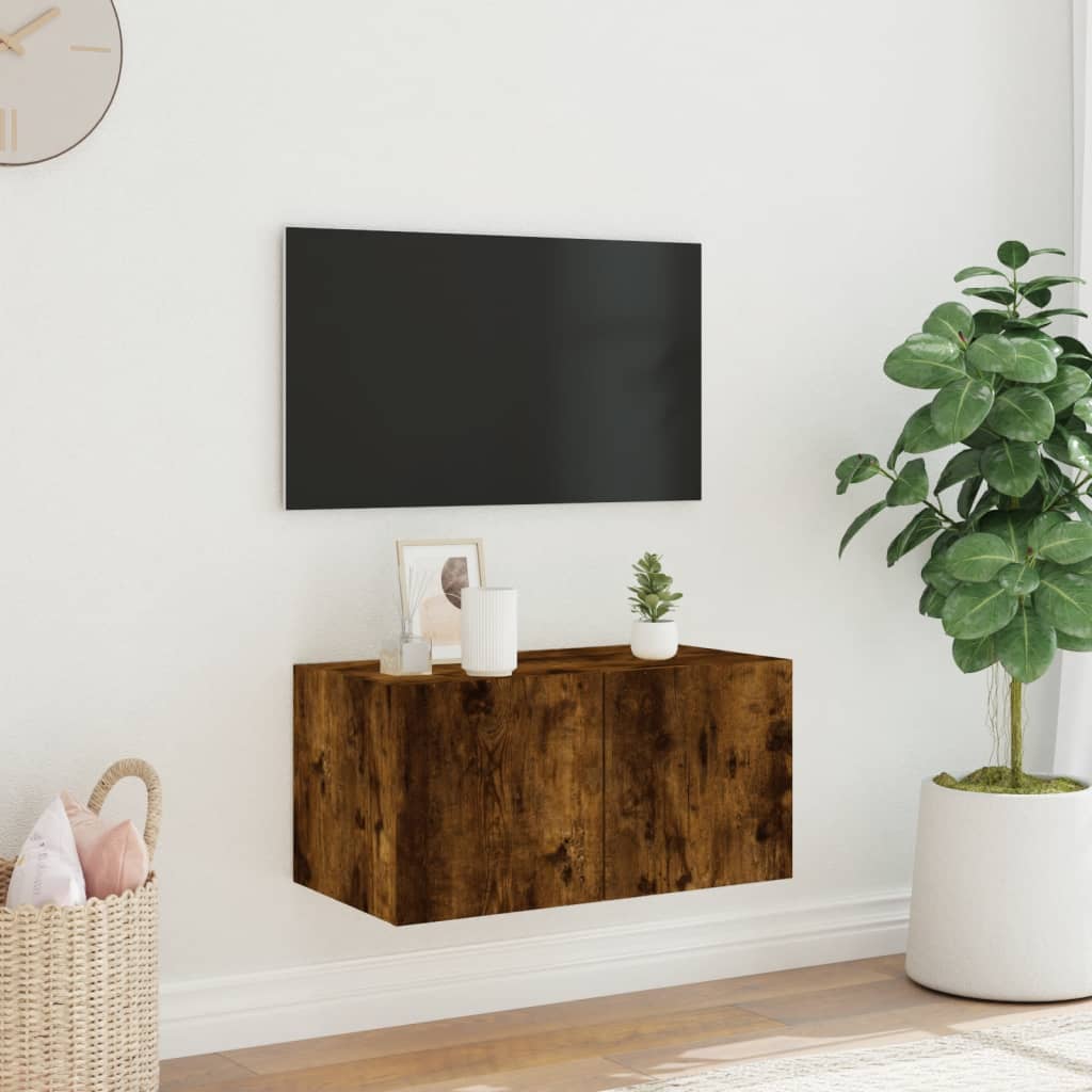 væghængt tv-bord med LED-lys 60x35x31 cm røget egetræsfarve