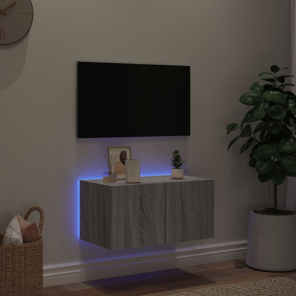 væghængt tv-bord med LED-lys 60x35x31 cm grå sonoma-eg