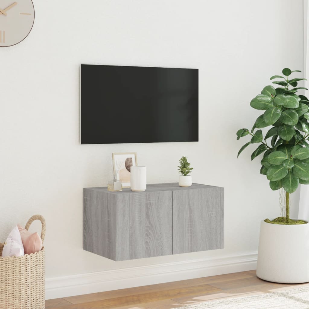 væghængt tv-bord med LED-lys 60x35x31 cm grå sonoma-eg