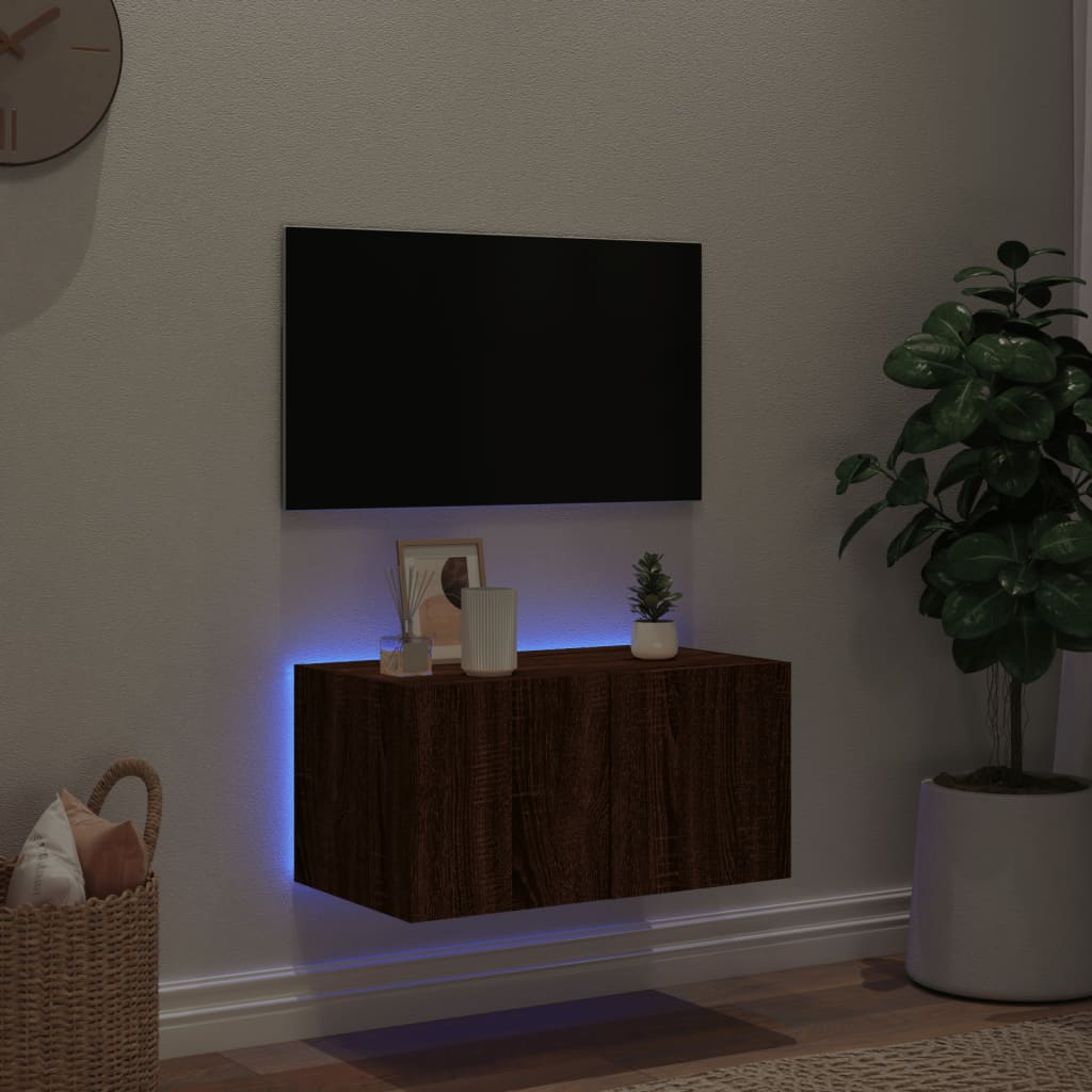 væghængt tv-bord med LED-lys 60x35x31 cm brun egetræsfarve