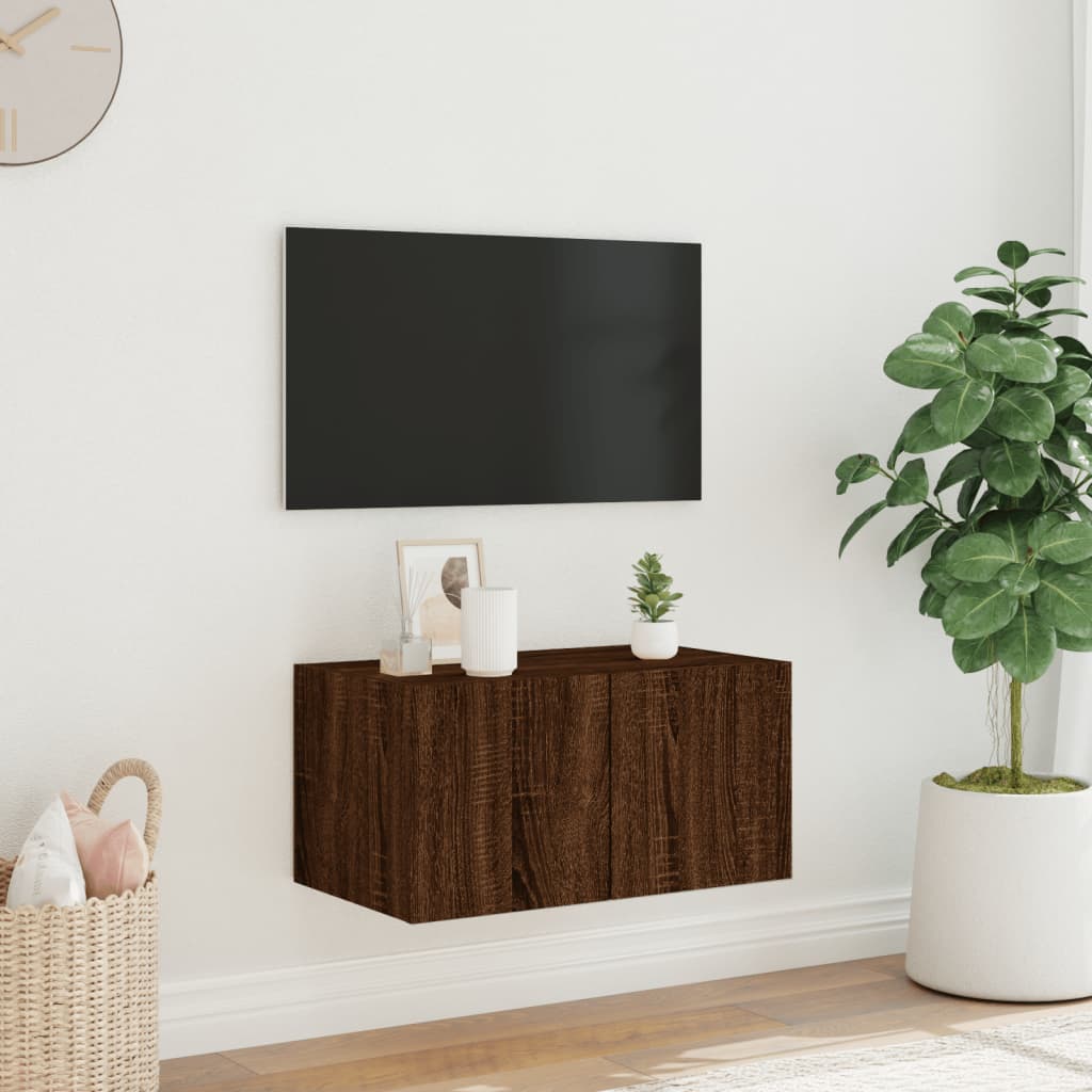 væghængt tv-bord med LED-lys 60x35x31 cm brun egetræsfarve