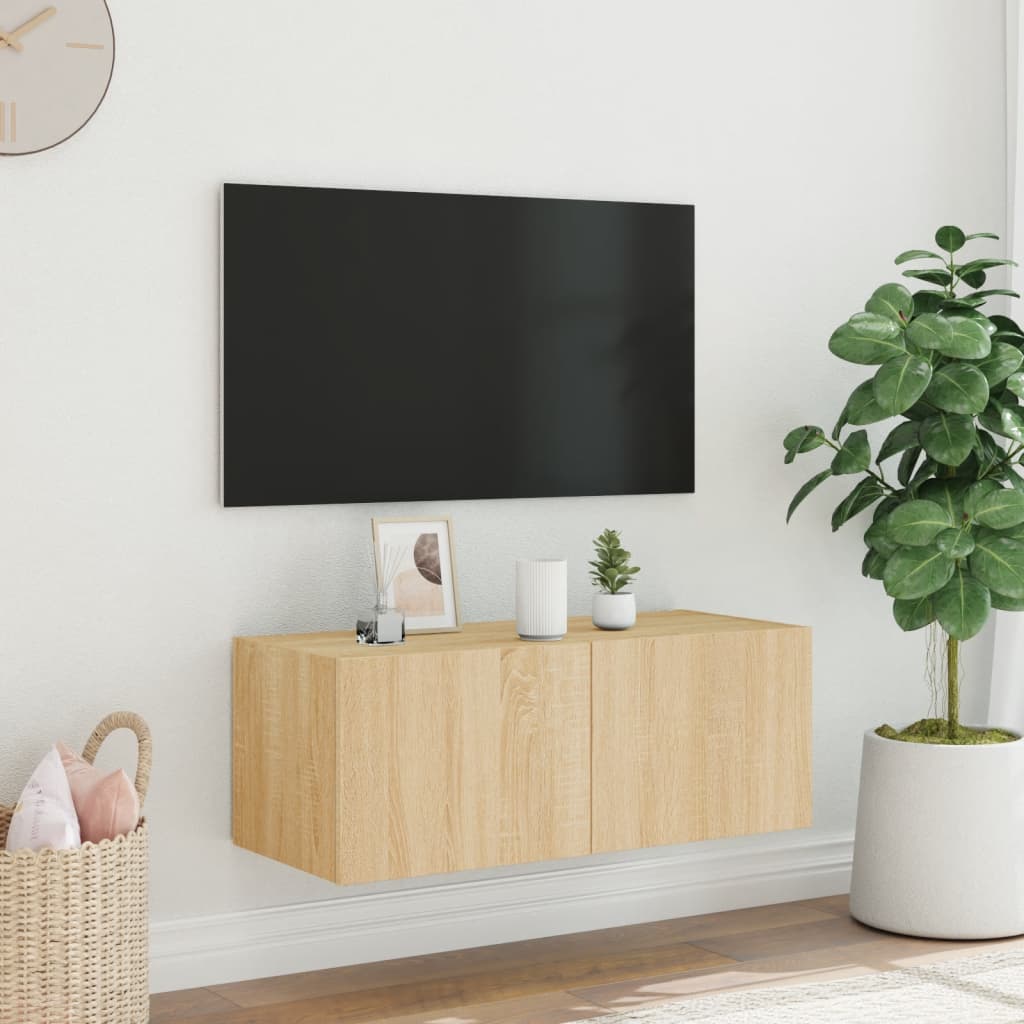 væghængt tv-bord med LED-lys 80x35x31 cm sonoma-eg