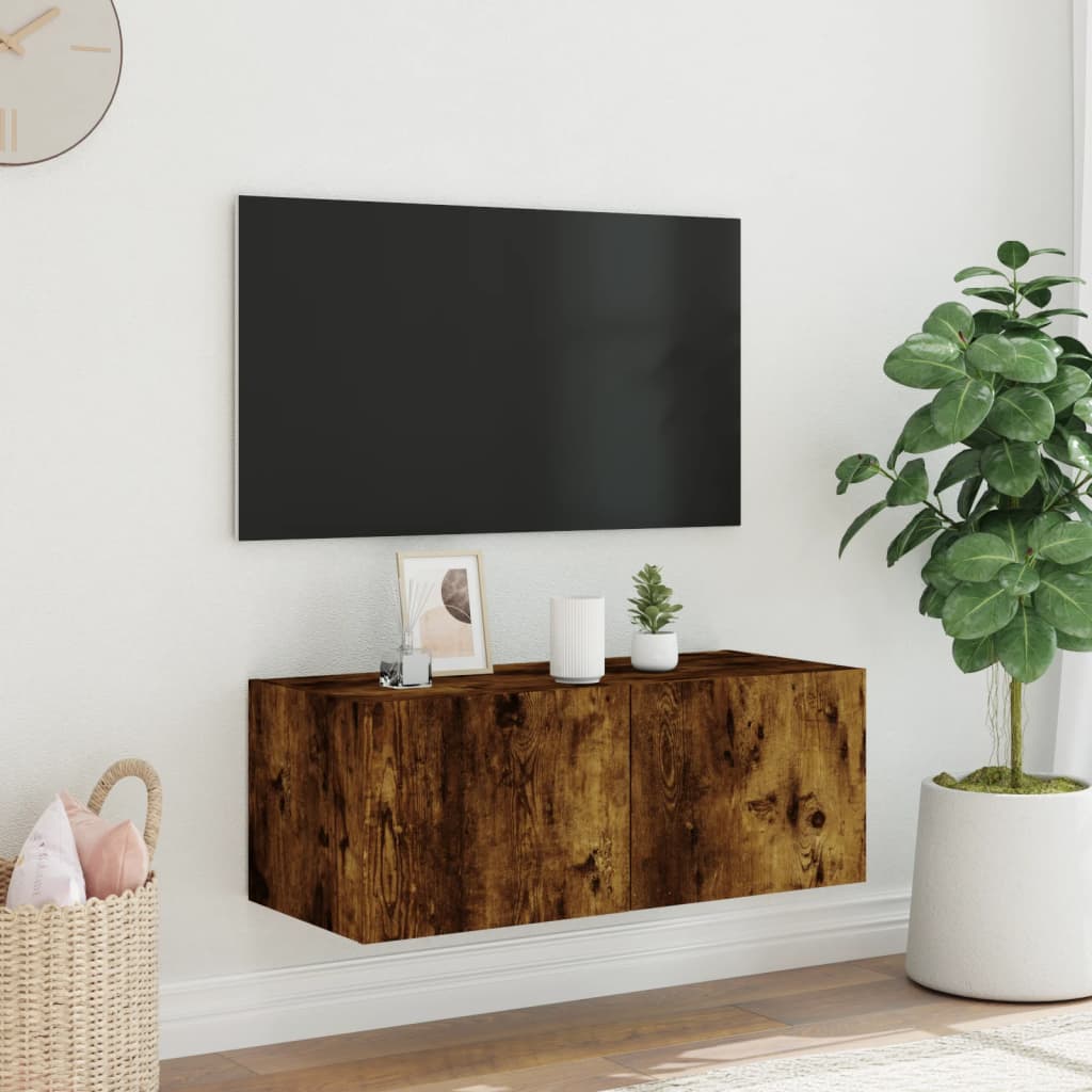 væghængt tv-bord med LED-lys 80x35x31 cm røget egetræsfarve