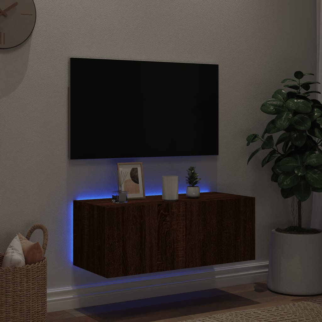 væghængt tv-bord med LED-lys 80x35x31 cm brun egetræsfarve