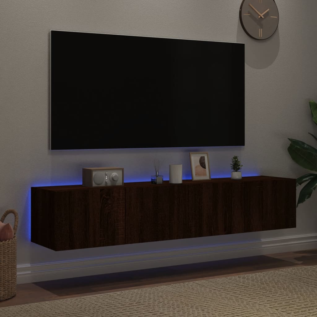 væghængte tv-borde 2 stk. med LED-lys 80x35x31 cm brunt eg