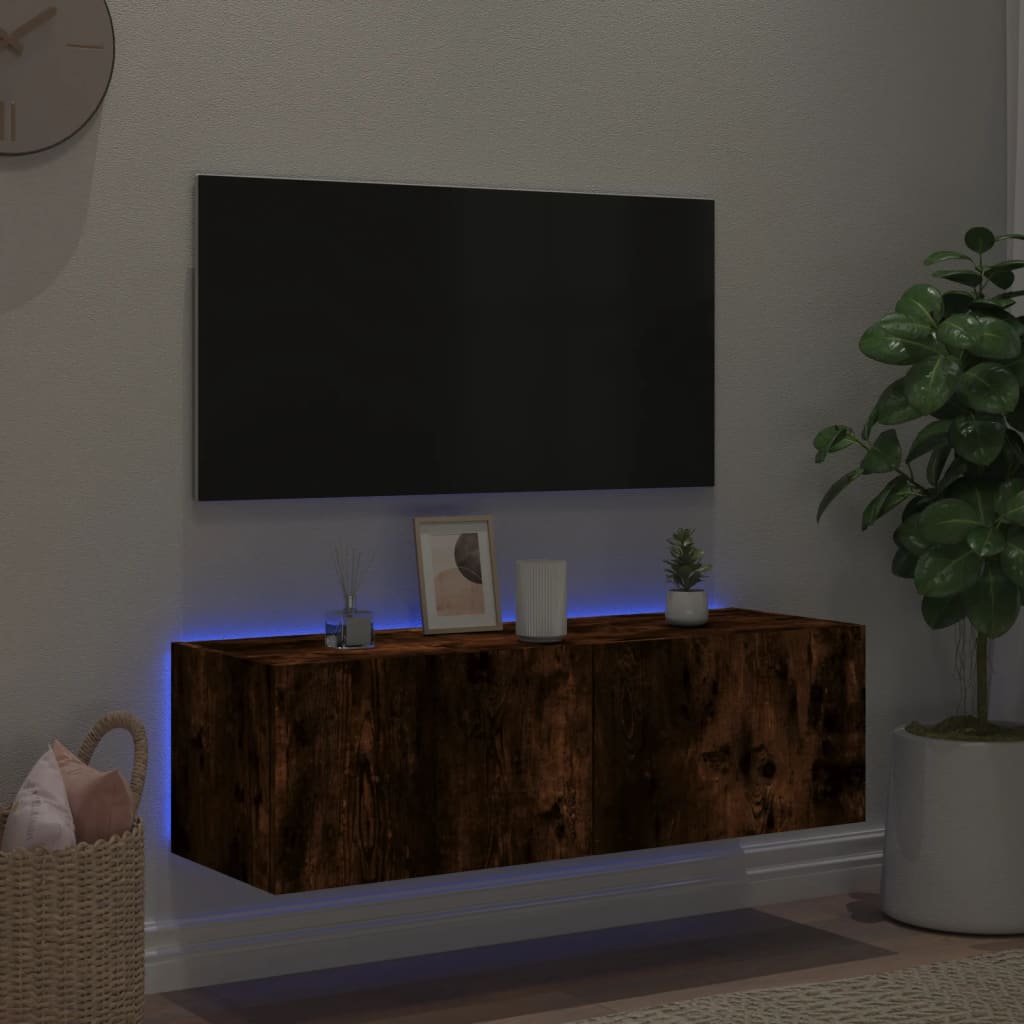 væghængt tv-bord med LED-lys 100x35x31 cm røget egetræsfarve