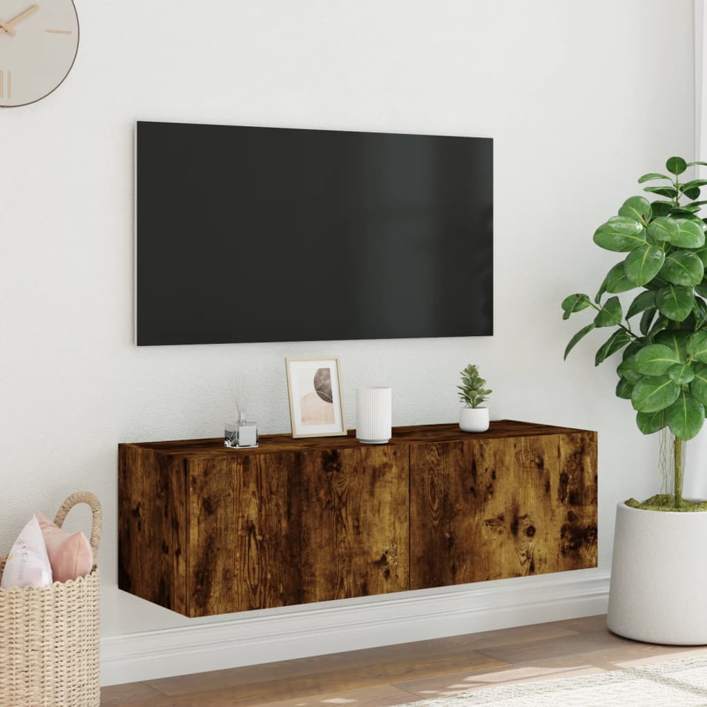 væghængt tv-bord med LED-lys 100x35x31 cm røget egetræsfarve