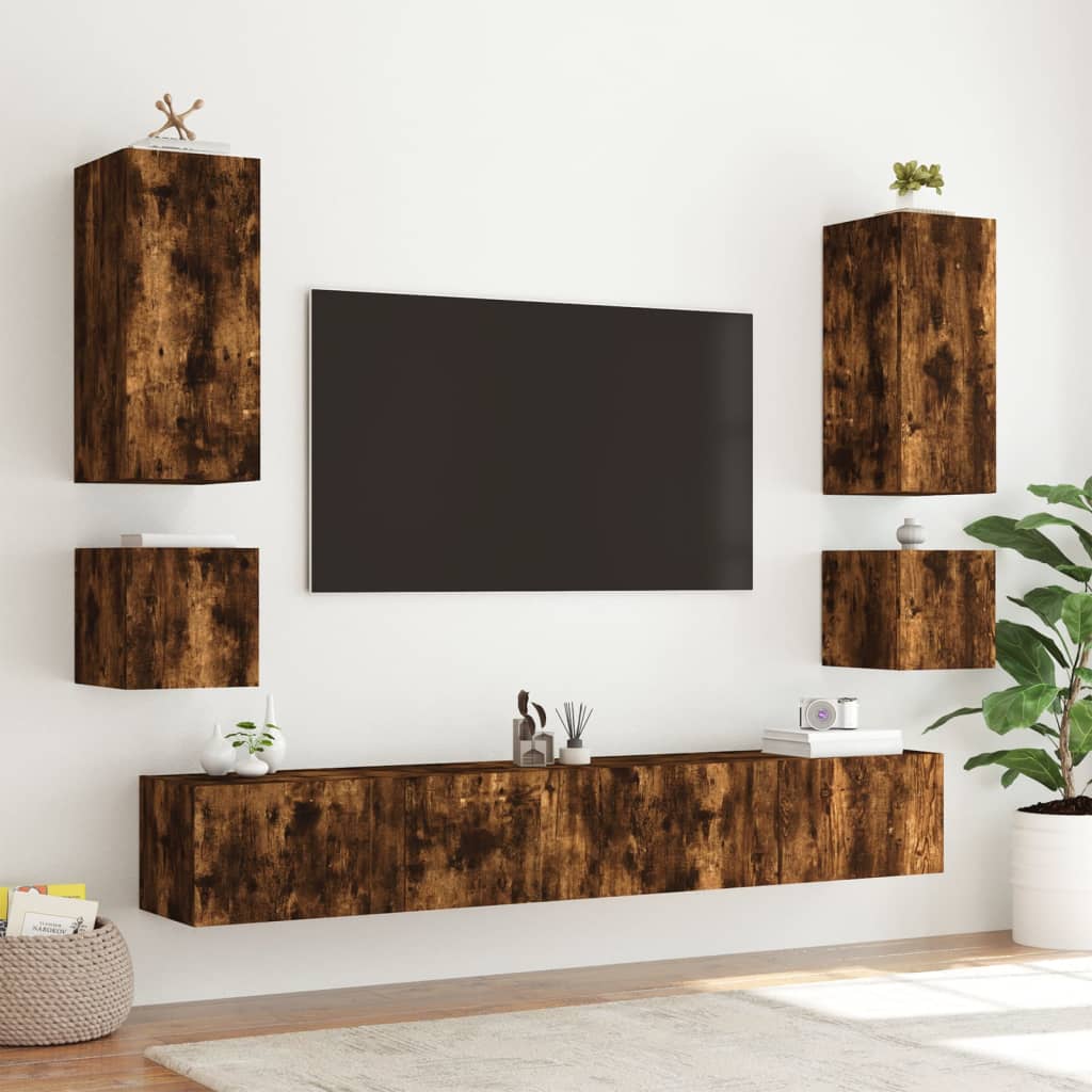 væghængt tv-bord med LED-lys 100x35x31 cm røget egetræsfarve