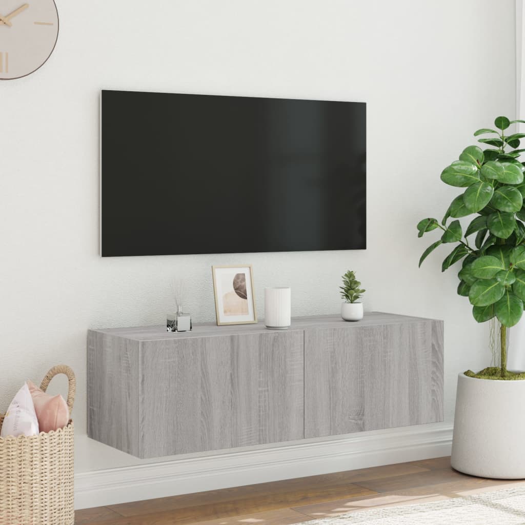 væghængt tv-bord m. LED-lys 100x35x31 cm grå sonoma-eg