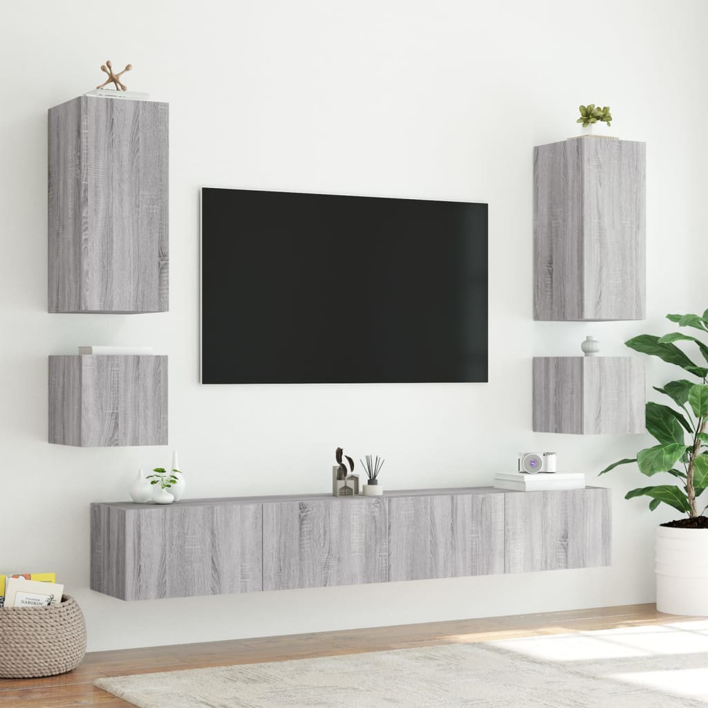 væghængt tv-bord m. LED-lys 100x35x31 cm grå sonoma-eg