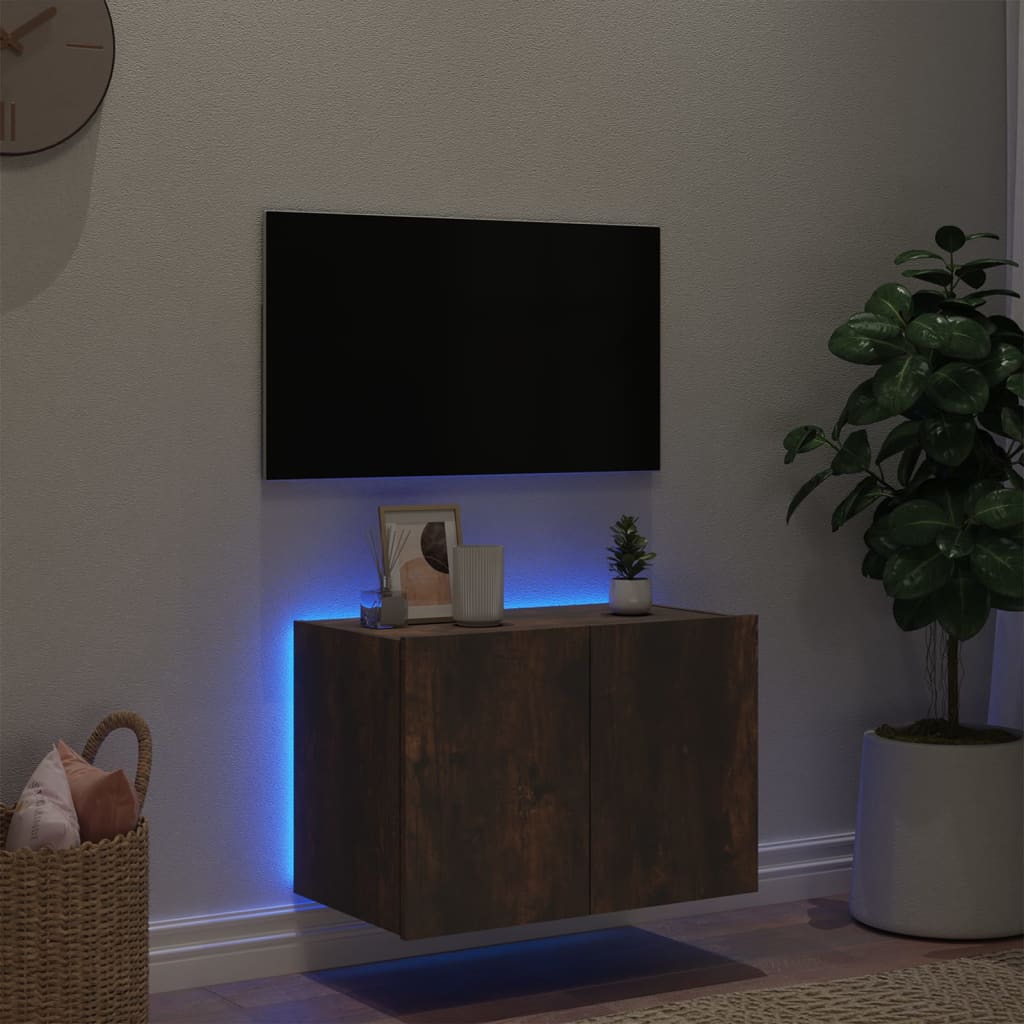 væghængt tv-bord med LED-lys 60x35x41 cm røget egetræsfarve