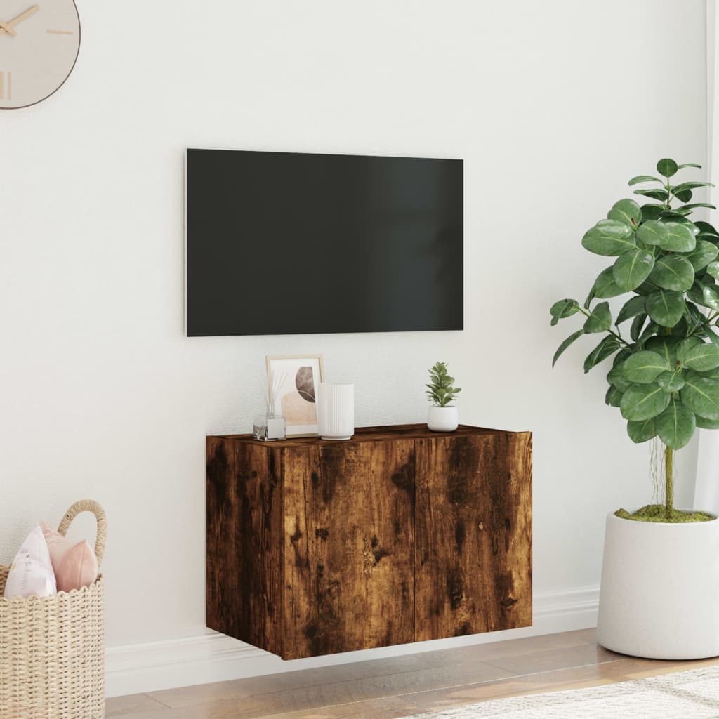 væghængt tv-bord med LED-lys 60x35x41 cm røget egetræsfarve