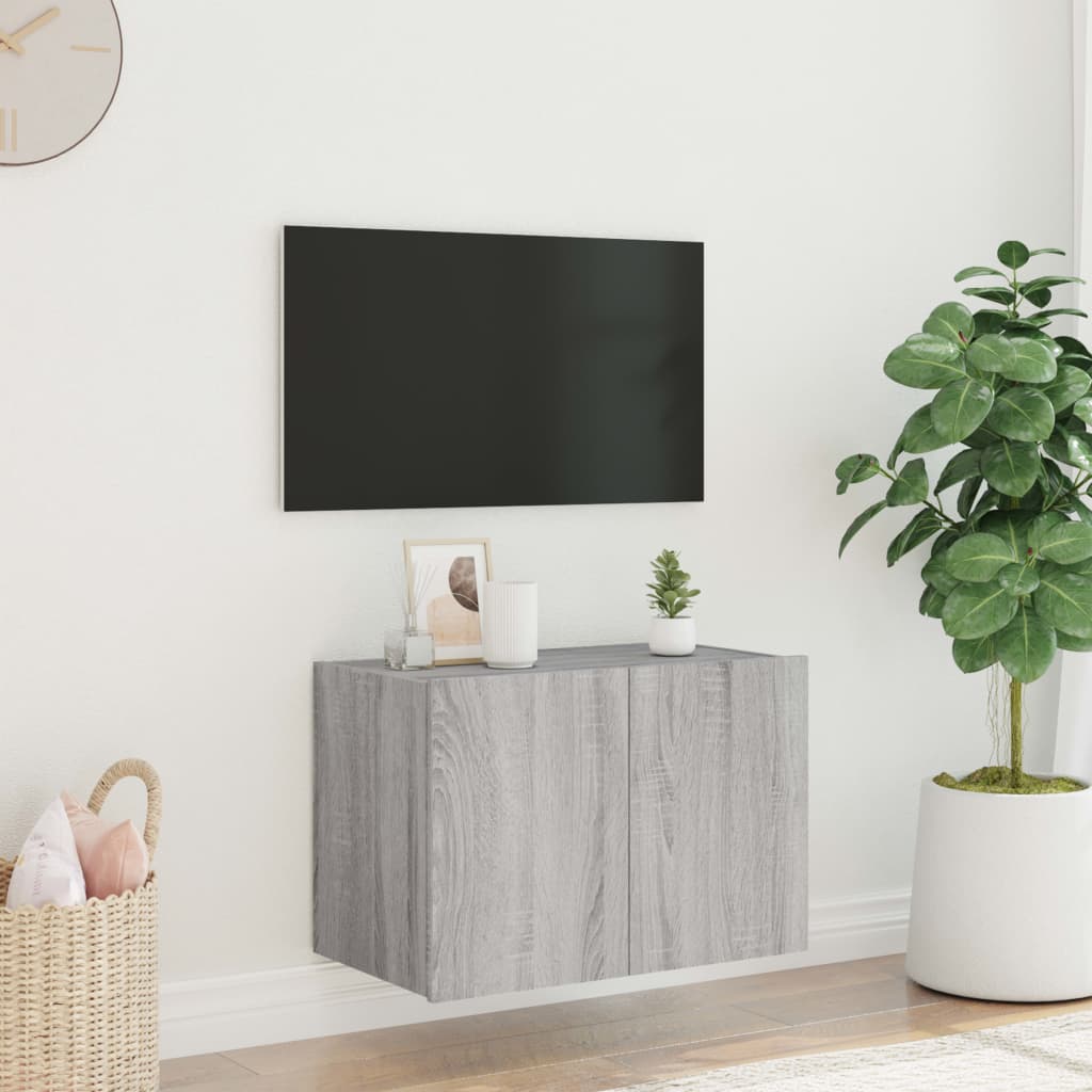 væghængt tv-bord m. LED-lys 60x35x41 cm grå sonoma-eg