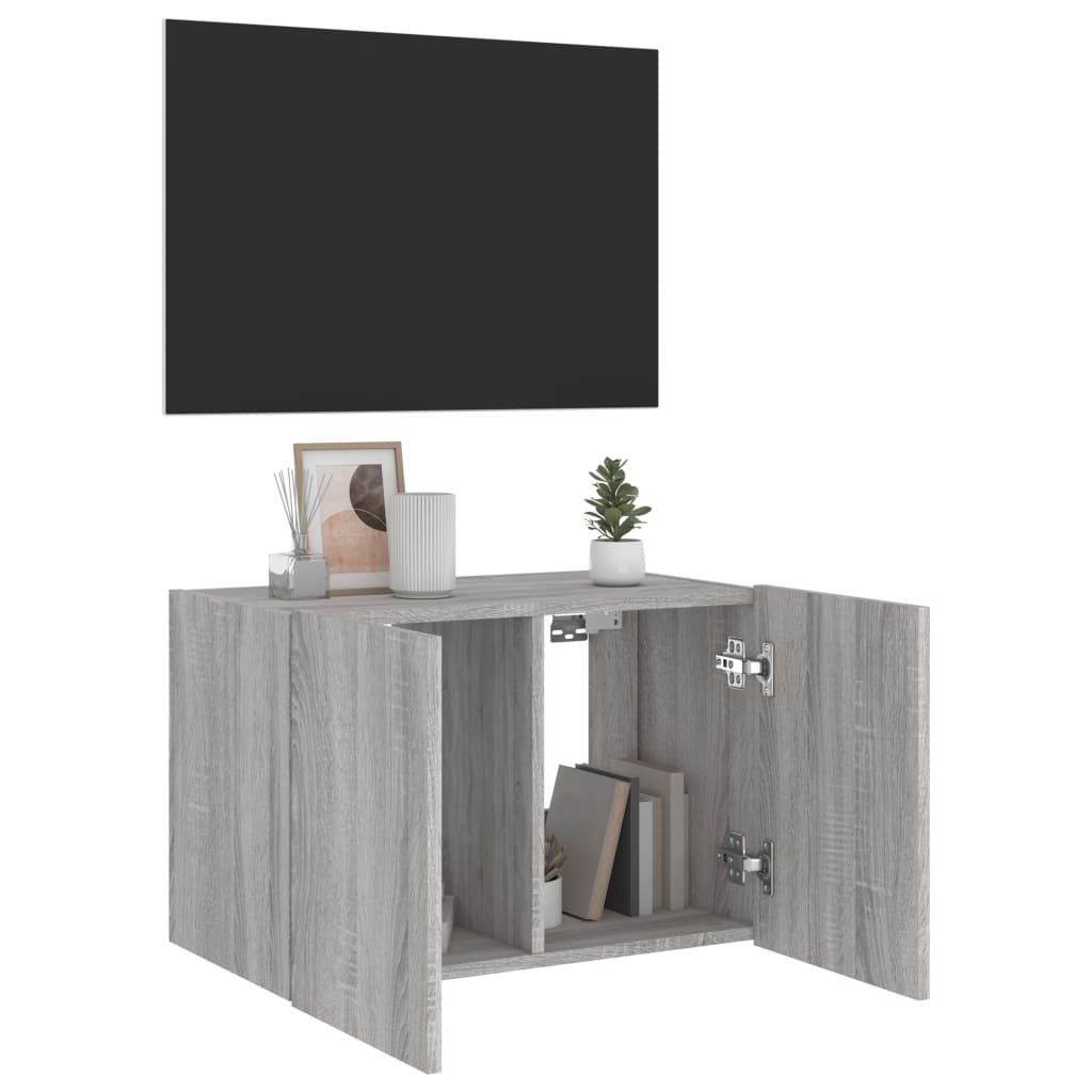 væghængt tv-bord m. LED-lys 60x35x41 cm grå sonoma-eg