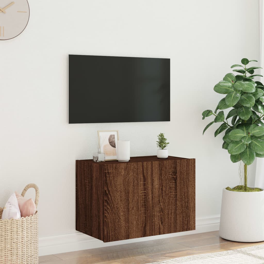 væghængt tv-bord med LED-lys 60x35x41 cm brun egetræsfarve