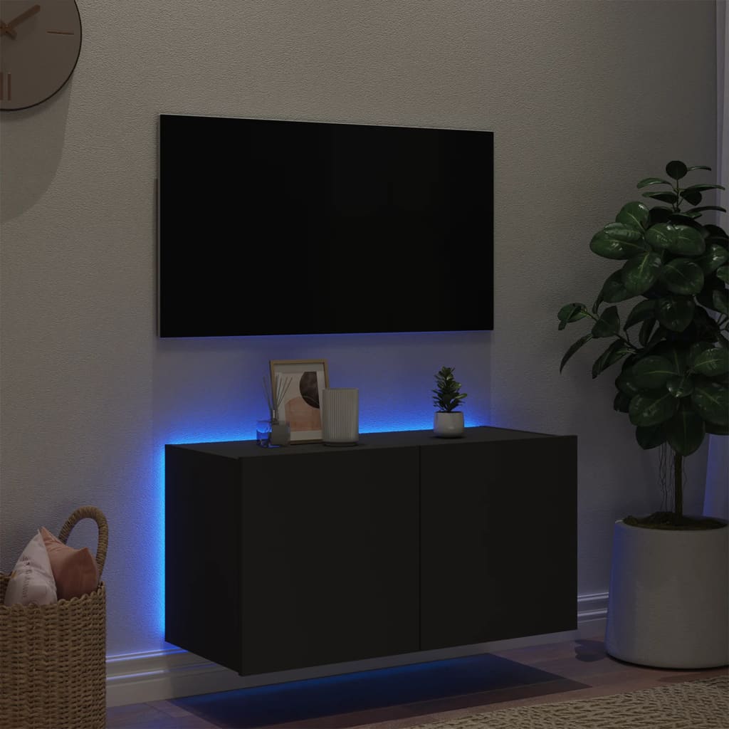 væghængt tv-bord med LED-lys 80x35x41 cm sort