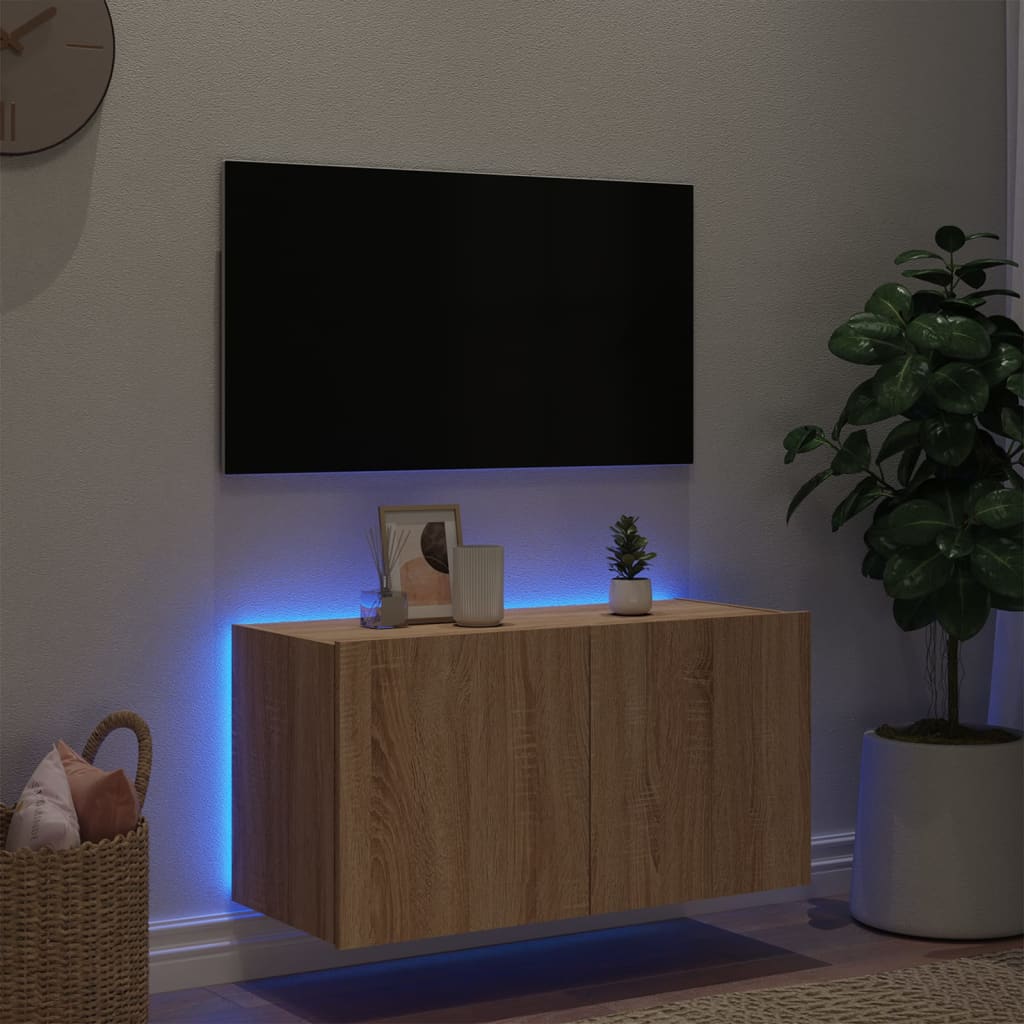 væghængt tv-bord med LED-lys 60x35x41 cm sonoma-eg