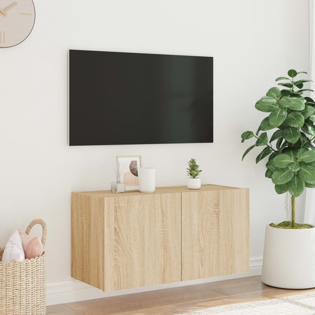 væghængt tv-bord med LED-lys 60x35x41 cm sonoma-eg