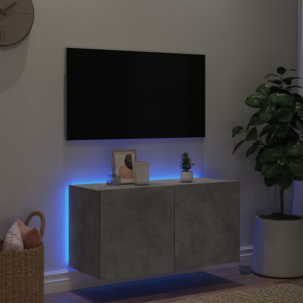 væghængt tv-bord med LED-lys 80x35x41 cm betongrå