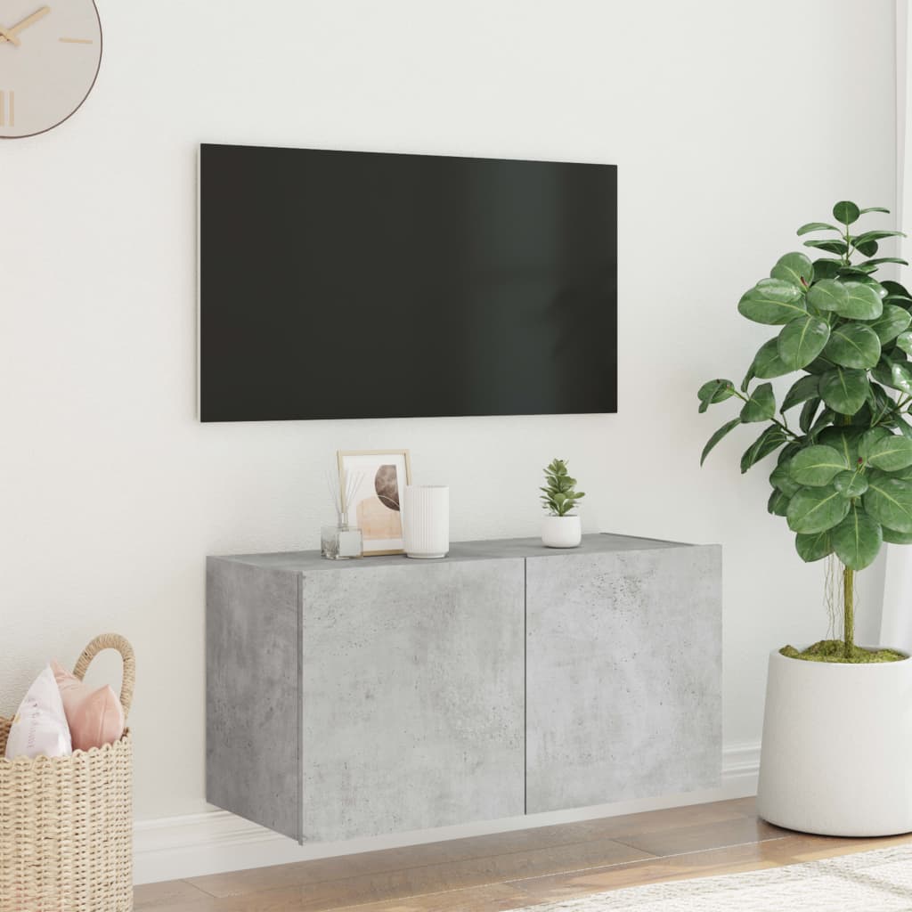 væghængt tv-bord med LED-lys 80x35x41 cm betongrå