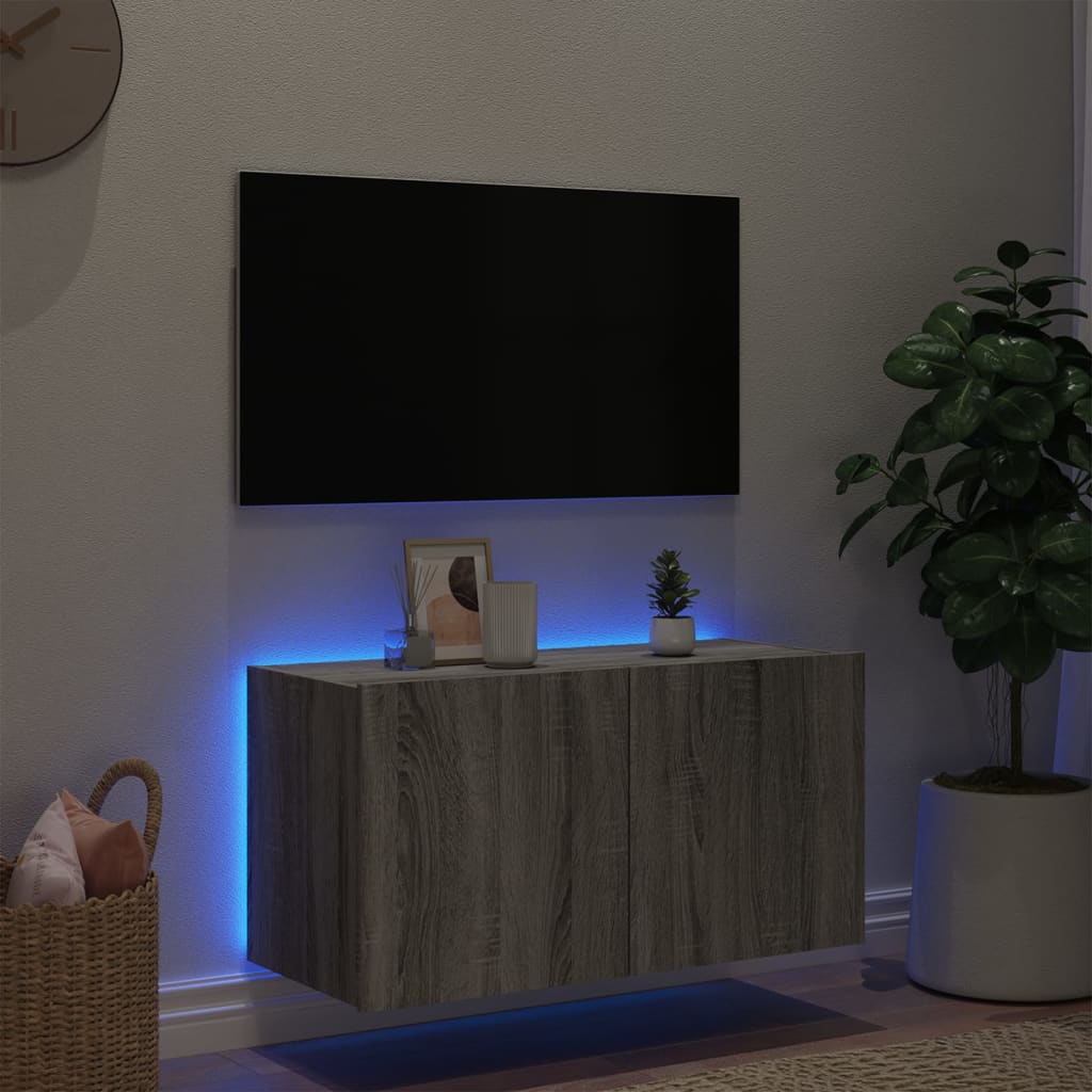 væghængt tv-bord m. LED-lys 80x35x41 cm grå sonoma-eg