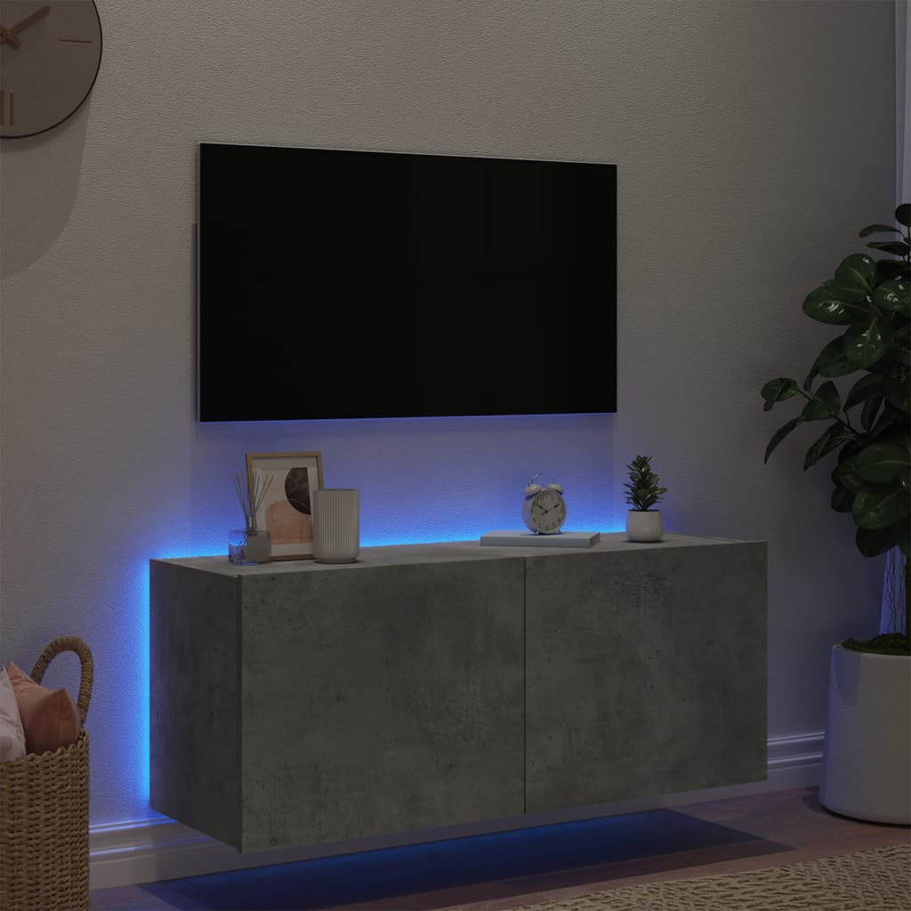 væghængt tv-bord med LED-lys 100x35x41 cm betongrå