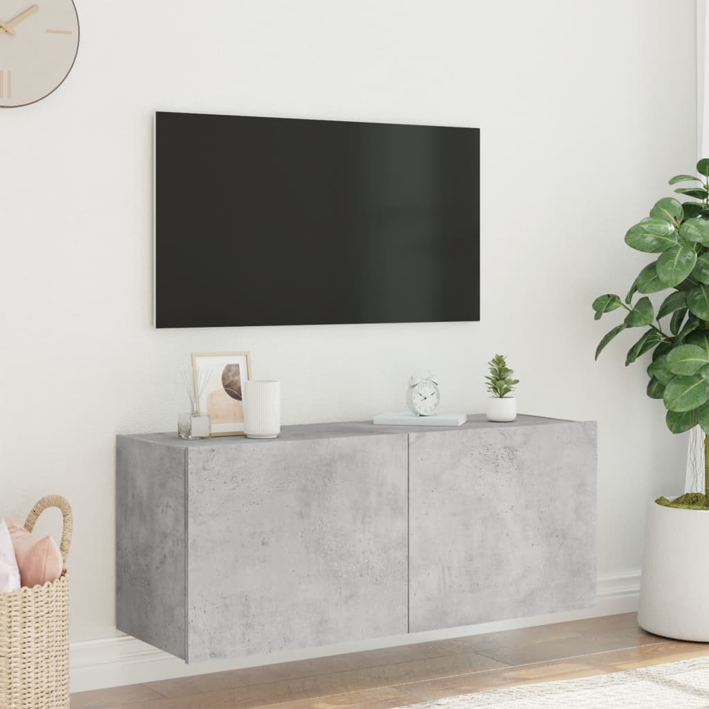 væghængt tv-bord med LED-lys 100x35x41 cm betongrå