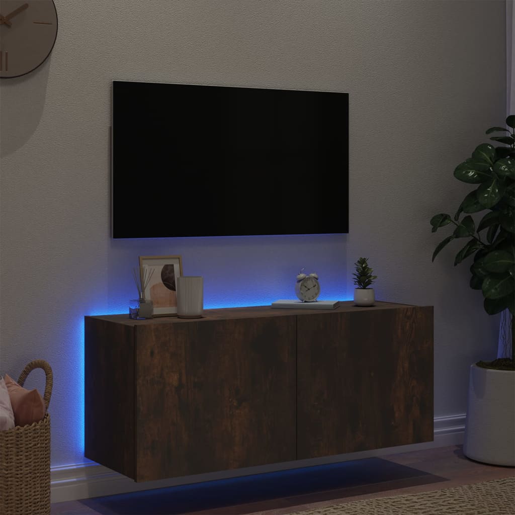 væghængt tv-bord med LED-lys 100x35x41 cm røget egetræsfarve