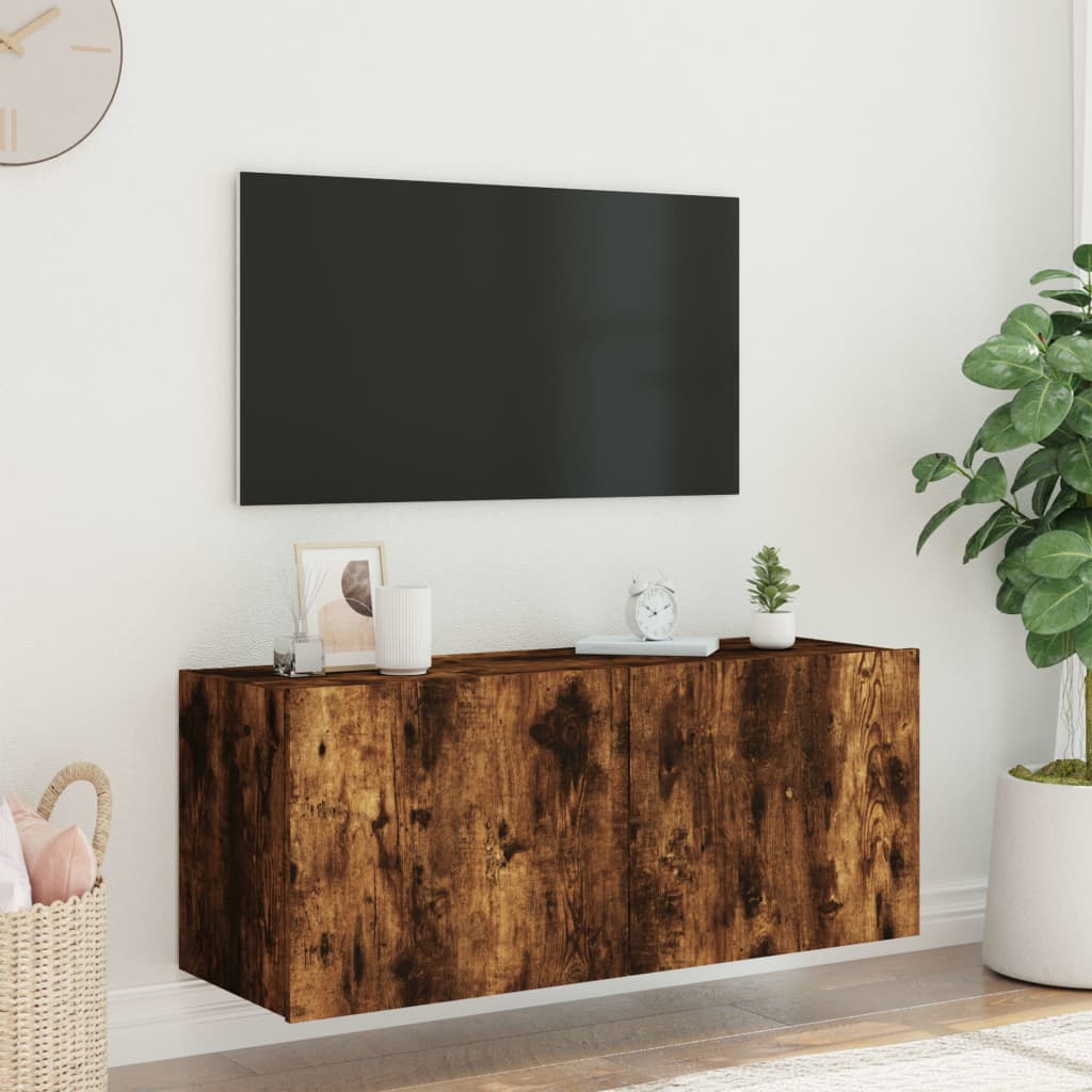 væghængt tv-bord med LED-lys 100x35x41 cm røget egetræsfarve