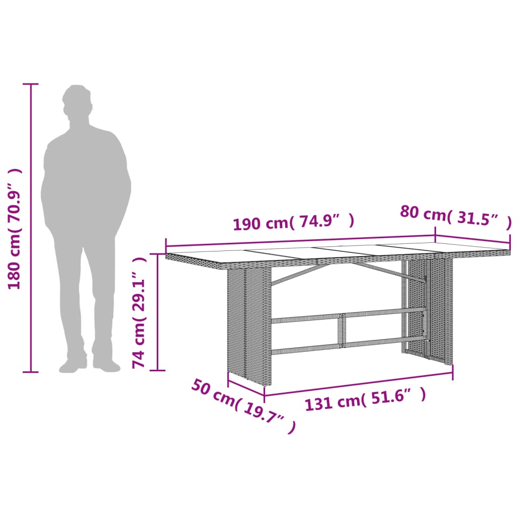 havebord med glastop 190x80x74 cm polyrattan sort