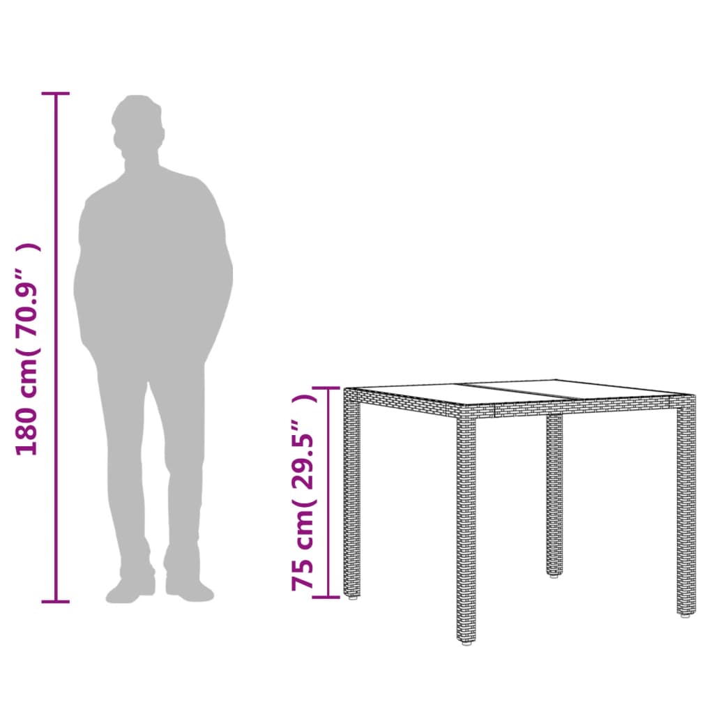 havebord med glastop 90x90x75 cm polyrattan grå