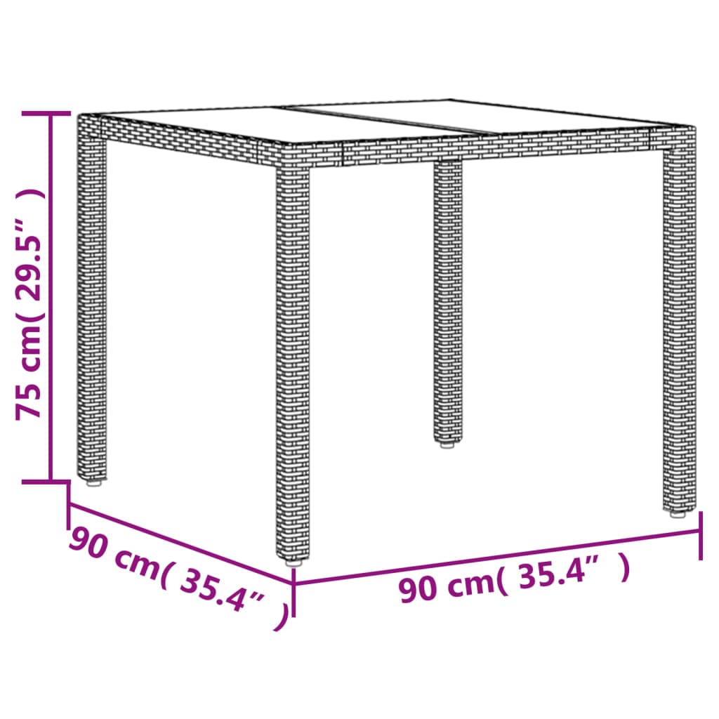 havebord med glastop 90x90x75 cm polyrattan grå