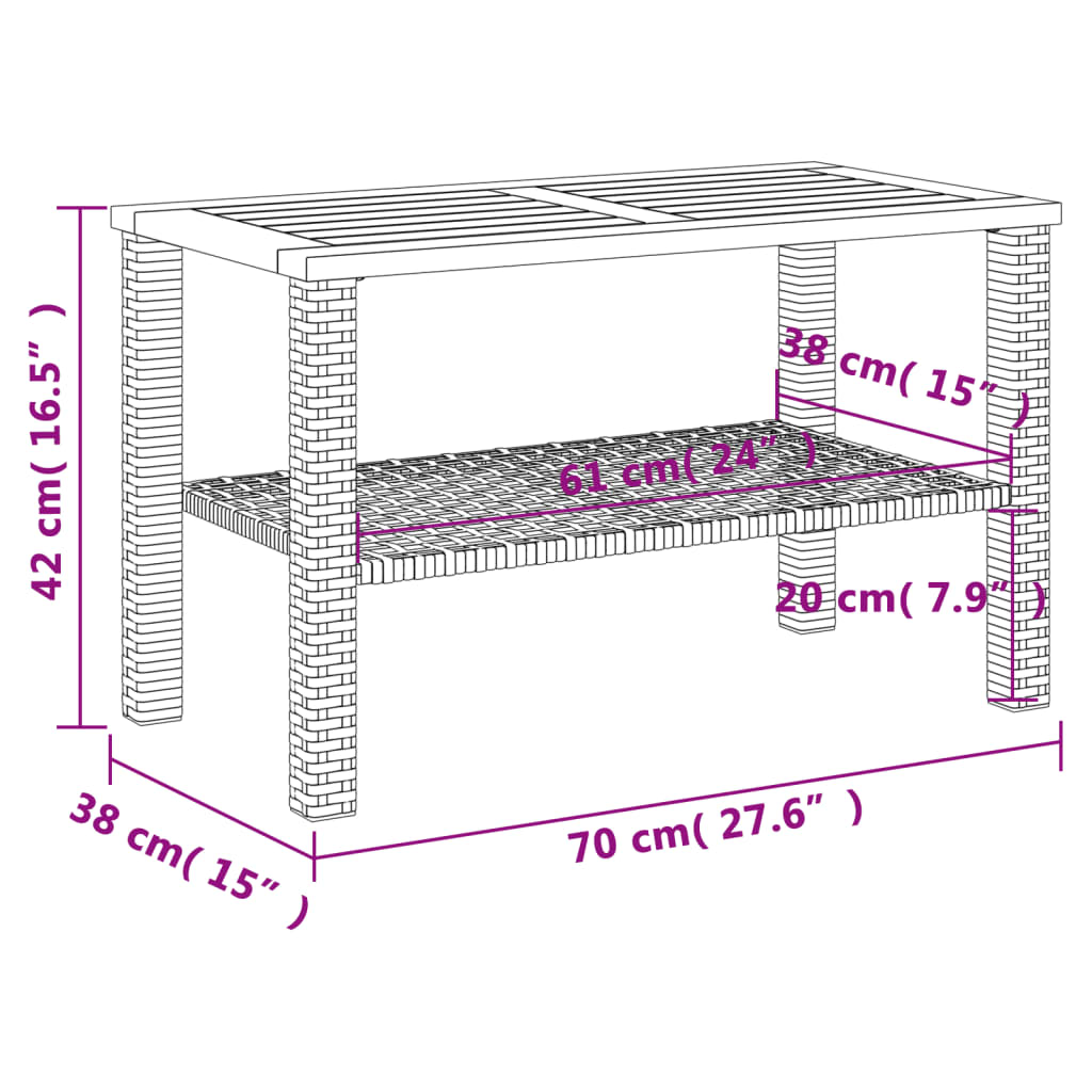 havebord 70x38x42 cm polyrattan og akacietræ sort