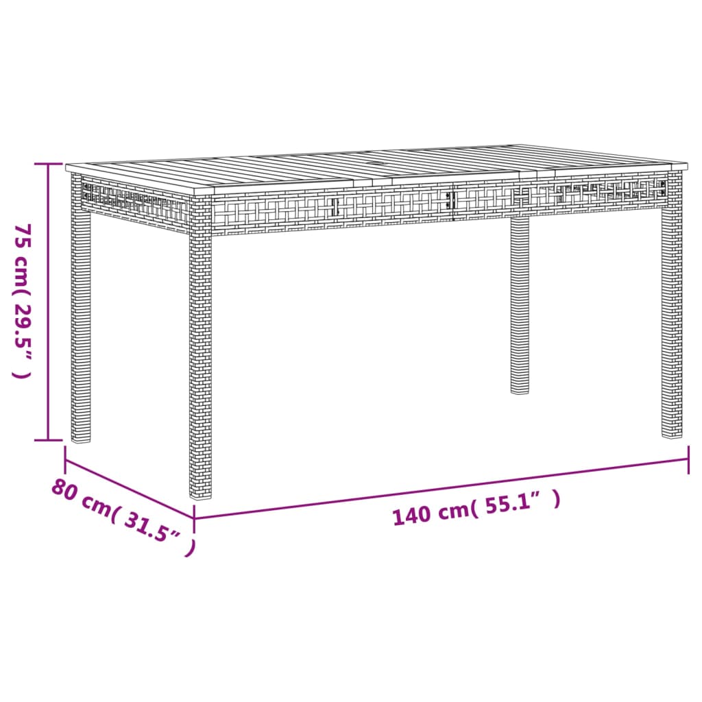 havebord 140x80x75 cm polyrattan og akacietræ grå