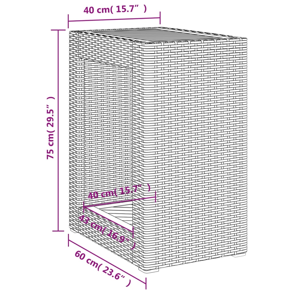 havebord med trætop 60x40x75 cm polyrattan beige