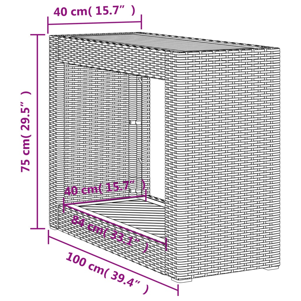 havebord med trætop 100x40x75 cm polyrattan grå